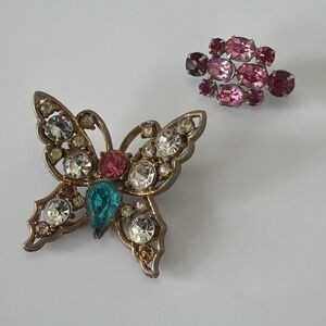Vintage Duo Pink Butterfly Brooch and Pink Cluster Pin - Gold Silver Tone